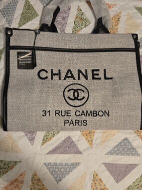 CHANEL Gray and Black Logo Canvas Tote